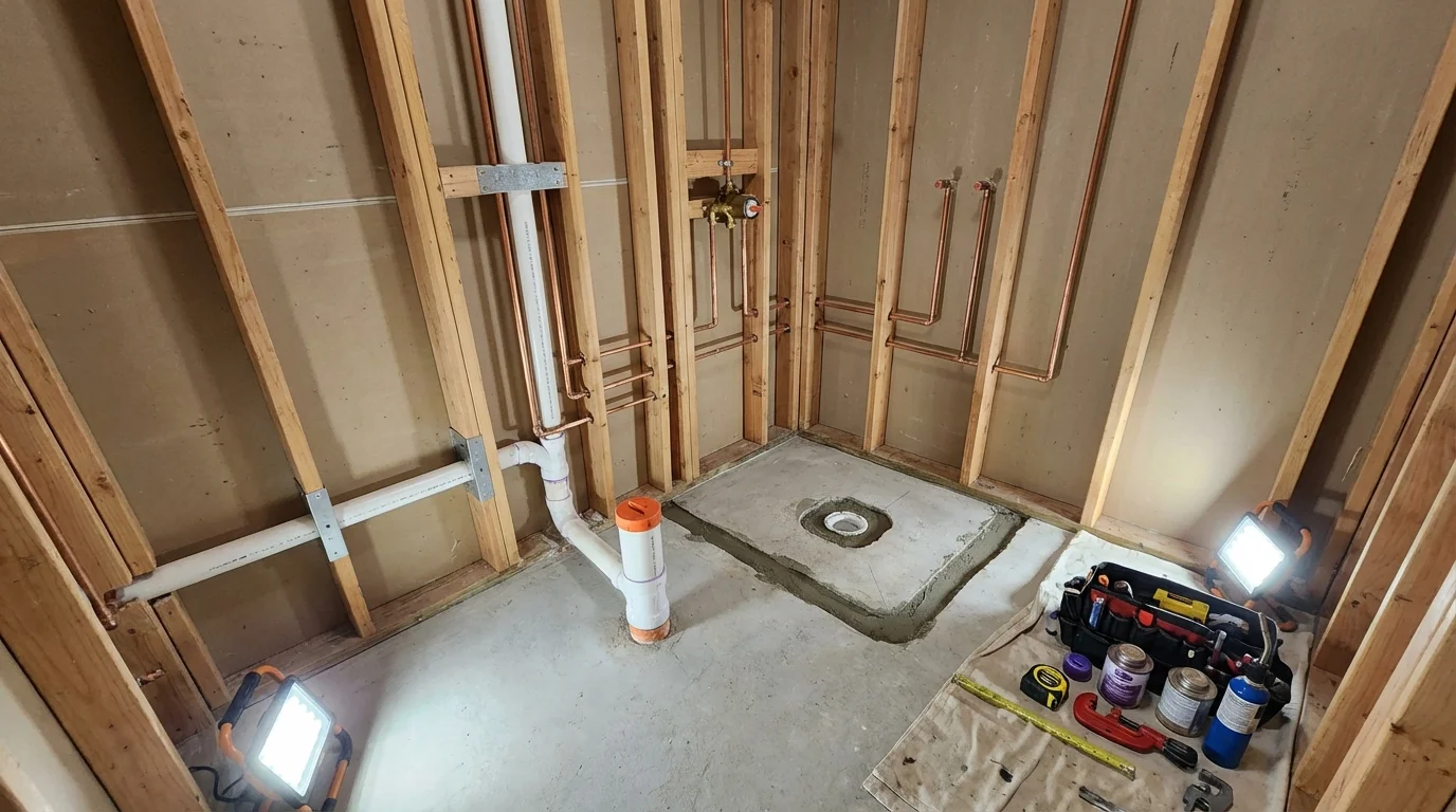 Bathroom rough-in plumbing during remodel by Johns Plumbing LLC in Challis