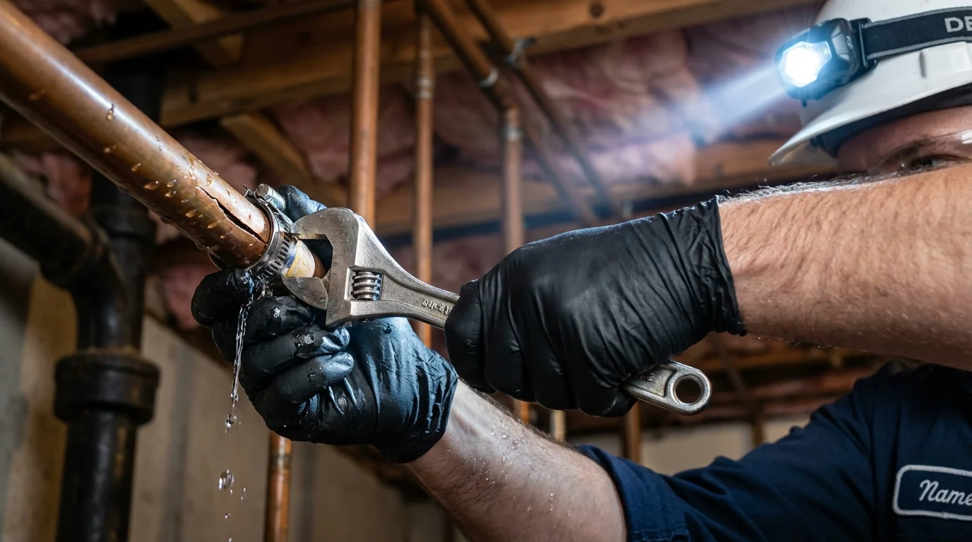 Emergency pipe clamp repair being performed by a Johns Plumbing LLC plumber in Challis
