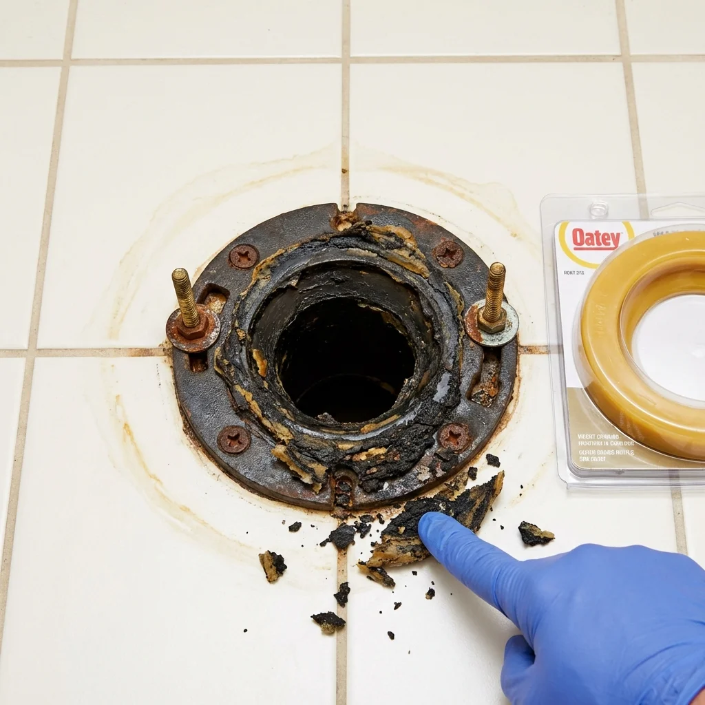 Failed wax ring showing water seepage at the base of a toilet in a Challis, ID home